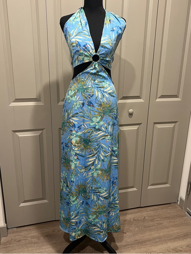 Blue Tropical Halter Maxi Dress With Ring Detail